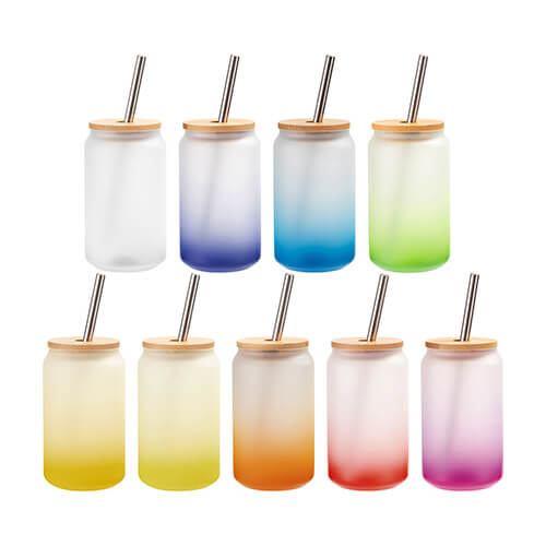 Un bicchiere smerigliato da 400 ml con cannuccia e coperchio in bambù per sublimazione - sfumatura Giallo