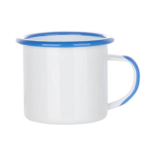 Tazza smaltata da 360 ml con bordo blu e manico per sublimazione