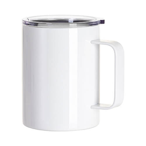 Tazza in acciaio inox da 400 ml con manico e coperchio per sublimazione - bianca