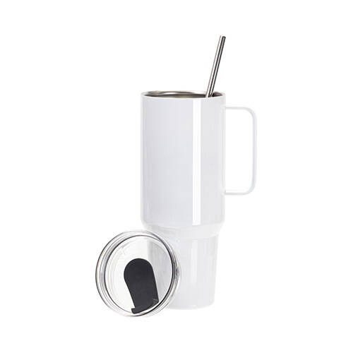 Tazza da viaggio da 1200 ml in acciaio inox con coperchio con tappo in silicone e cannuccia per sublimazione - bianco