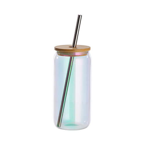 Un bicchiere da 550 ml con cannuccia e coperchio in bambù per sublimazione - blu iridescente
