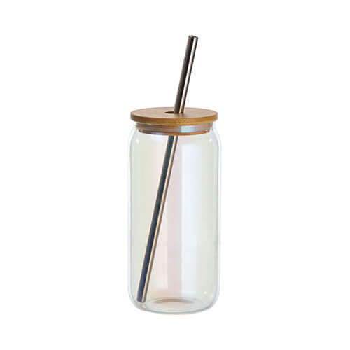 Un bicchiere da 550 ml con cannuccia e coperchio in bambù per sublimazione - Viola iridescente
