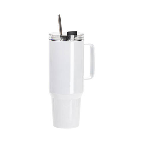 Tazza da viaggio da 1200 ml in acciaio inox con coperchio con tappo in silicone e cannuccia per sublimazione - bianco