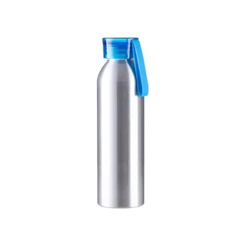 Bottiglia sportiva in alluminio 650ml argento con tappo blu e striscia sublimatica