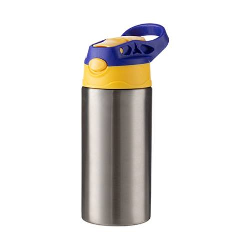 Una bottiglia d'acqua per bambini da 360 ml in acciaio inossidabile per sublimazione - argento con tappo a vite giallo/blu