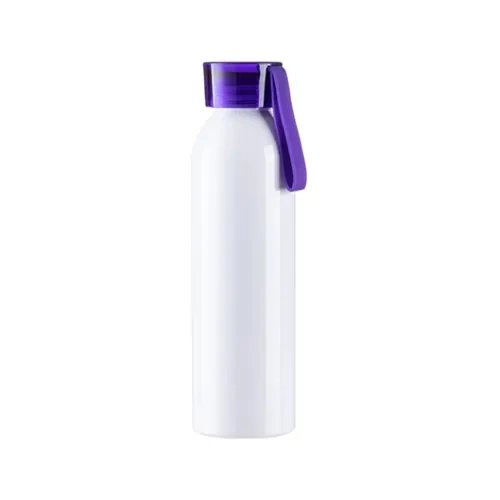Bottiglia sportiva in alluminio da 650 ml bianca con tappo viola e striscia sublimatica