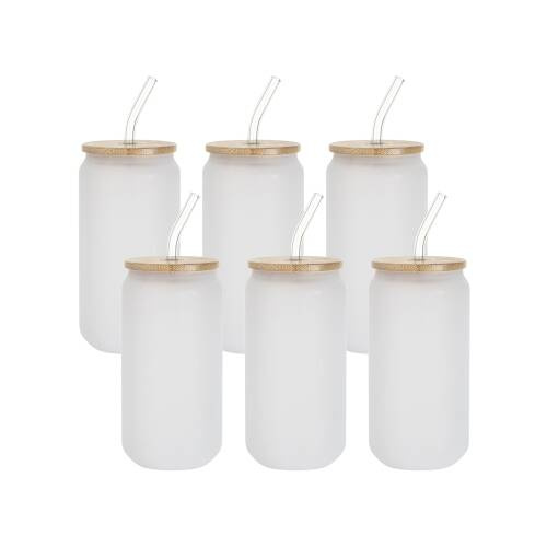 Set di 6 bicchieri glassati da 550 ml con cannuccia e coperchio in bambù per sublimazione