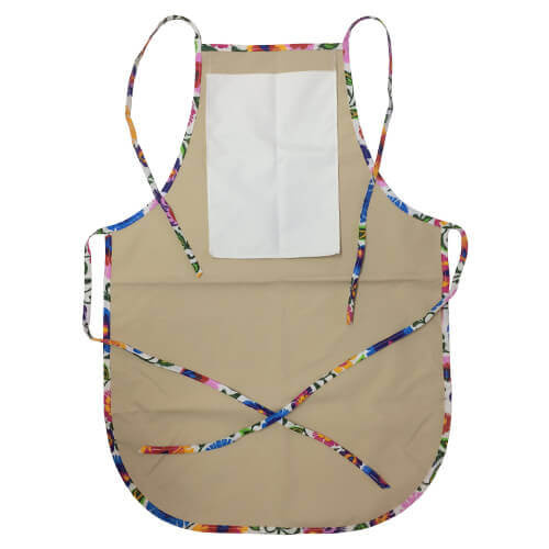 Grembiule arrotondato con tasca per stampa – di colore beige con bordo colorato - fiori slavi bianchi