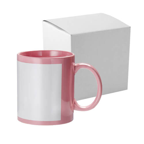 Tazza Rosa 330 ml con cornice bianca per sublimazione, con una scatola di cartone