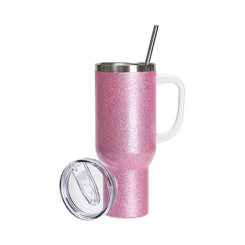 Tazza in acciaio inox broccato da 1200 ml con coperchio e cannuccia per sublimazione - rosa