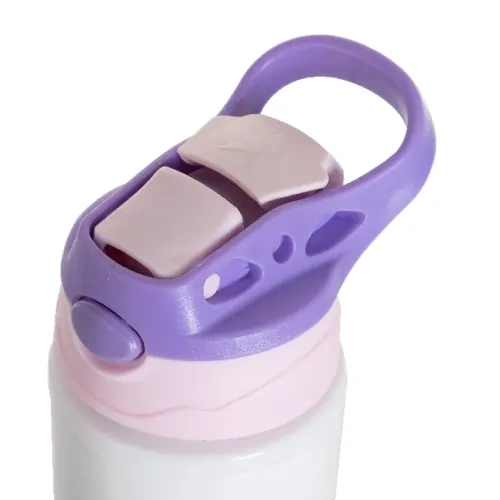 Bottiglia in alluminio da 500 ml bianca con tappo rosa e manico viola per sublimazione