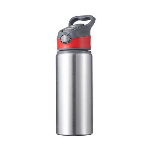 Borraccia in alluminio 650 ml argento con tappo a vite con inserto Rosso per sublimazione