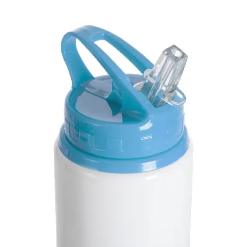 Bottiglia in alluminio con boccaglio 600ml bianca con tappo azzurro e supporto per la sublimazione