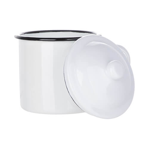Tazza in metallo smaltato 700 ml con coperchio per sublimazione - bianca con bordo nero