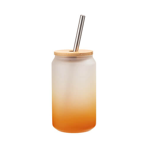 Un bicchiere smerigliato da 400 ml con cannuccia e coperchio in bambù per sublimazione - sfumatura arancia