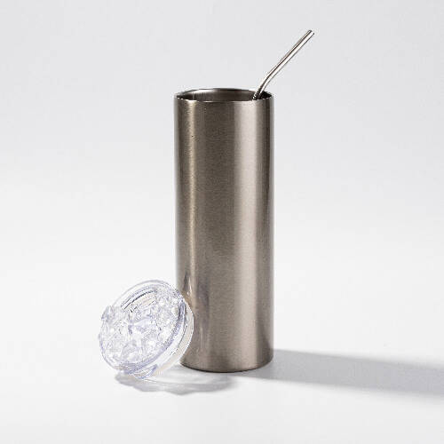 Tazza da 600 ml con cannuccia per sublimazione - argento, coperchio con ghiaccio artificiale