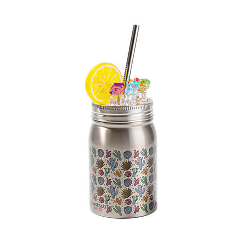 Mason Jar Tazza da 500 ml con cannuccia e manico a sublimazione - argento, ghiaccio artificiale e limone