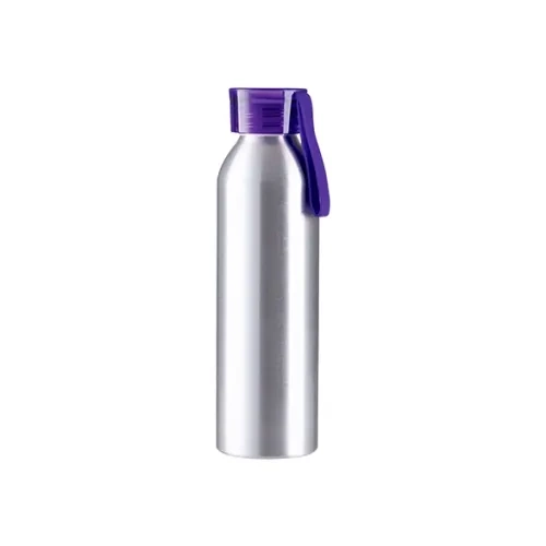 Bottiglia sportiva in alluminio 650ml argento con tappo viola e striscia sublimatica