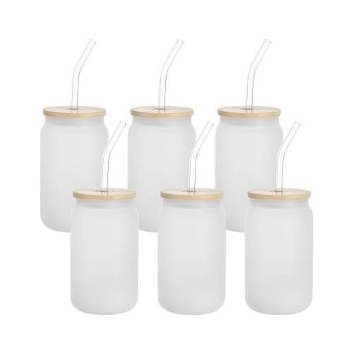 Set di 6 bicchieri glassati da 400 ml con cannuccia e coperchio in bambù per sublimazione