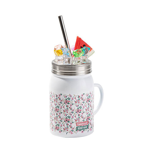Mason Jar Tazza da 500 ml con cannuccia e manico a sublimazione - bianco, ghiaccio artificiale e anguria