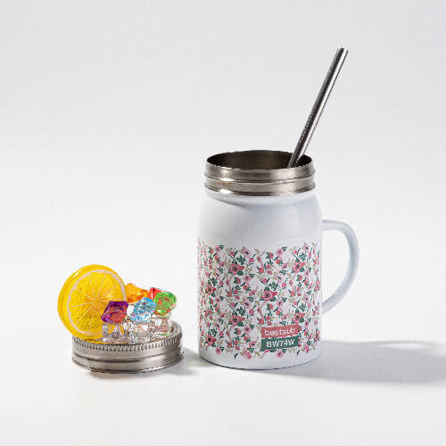 Mason Jar Tazza da 500 ml con cannuccia e manico a sublimazione - bianco, ghiaccio artificiale e limone