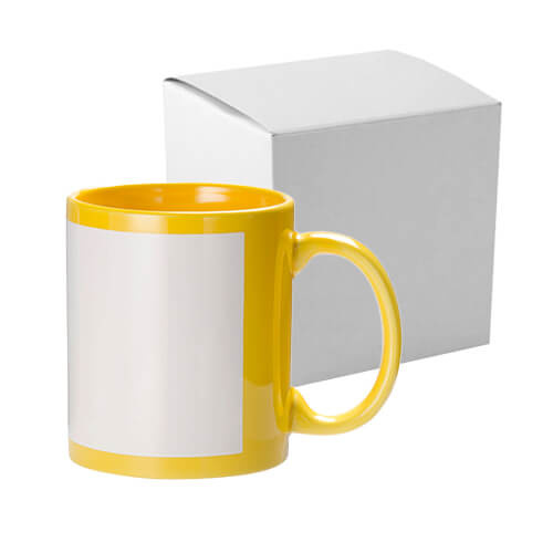Tazza Giallo 330 ml con cornice bianca per sublimazione con una scatola di cartone