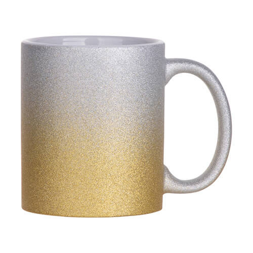 Tazza 330 ml con glitter per sublimazione - sfumatura oro-argento, con una scatola di cartone