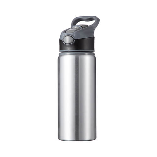 Borraccia in alluminio 650 ml argento con tappo a vite con inserto nero per sublimazione