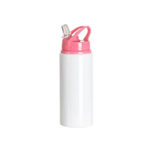 Bottiglia in alluminio con boccaglio 600ml bianca con tappo rosa e supporto per la sublimazione