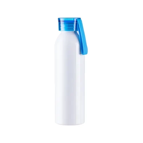 Bottiglia sportiva in alluminio 650ml bianca con tappo blu e striscia sublimatica