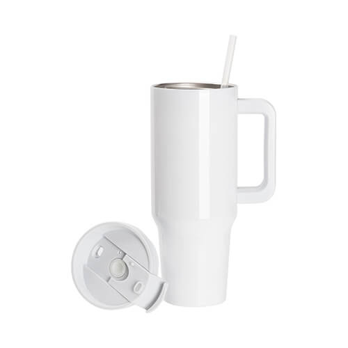 Tazza da 1200 ml con cannuccia e manico grigio chiaro per sublimazione - bianca