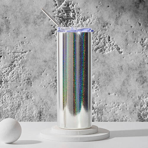 Tazza da 600 ml con cannuccia per sublimazione - argento metallizzato con glitter