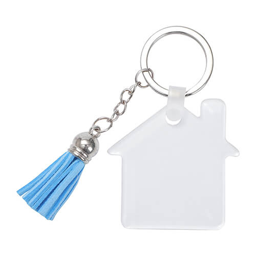 Portachiavi in ​​acrilico per sublimazione - casa con nappe blu