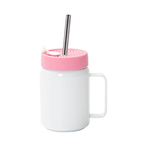 Mug in acciaio da 480 ml con manico e coperchio in silicone rosa per sublimazione