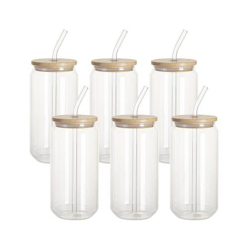Set di 6 bicchieri da 550 ml con cannuccia e coperchio in bambù per sublimazione