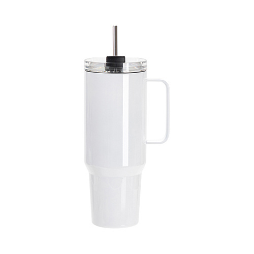 Tazza da viaggio da 1200 ml in acciaio inox con coperchio con tappo in silicone e cannuccia per sublimazione - bianco
