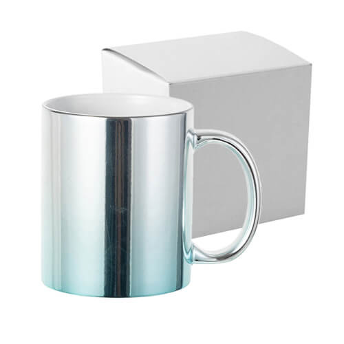 Tazza placcata da 330 ml per sublimazione - sfumatura argento-azzurro con una scatola di cartone
