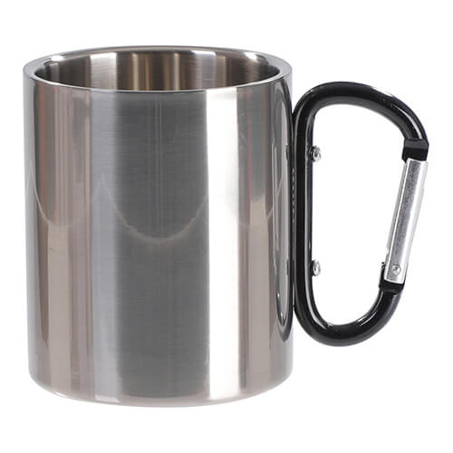 Tazza in metallo 300 ml per sublimazione con manico nero e moschettone - argento