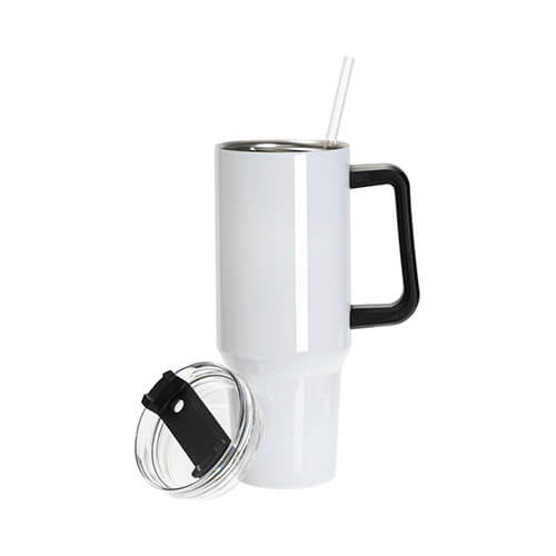 Tazza da viaggio in acciaio inox da 1200 ml con coperchio e cannuccia con orecchio nero per sublimazione - bianco