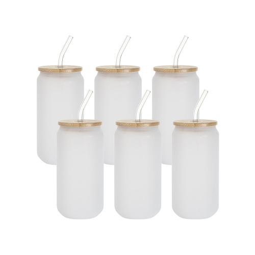 Set di 6 bicchieri glassati da 550 ml con cannuccia e coperchio in bambù per sublimazione