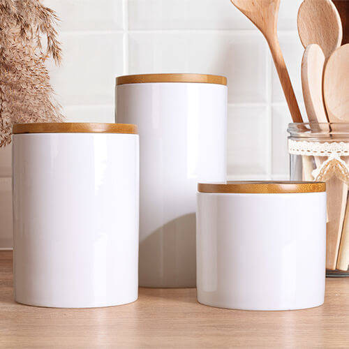 Contenitore in ceramica da 480 ml con coperchio in legno per sublimazione