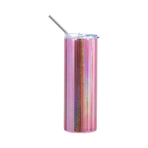Tazza da 600 ml con cannuccia per sublimazione - Rosa metallizzato con glitter