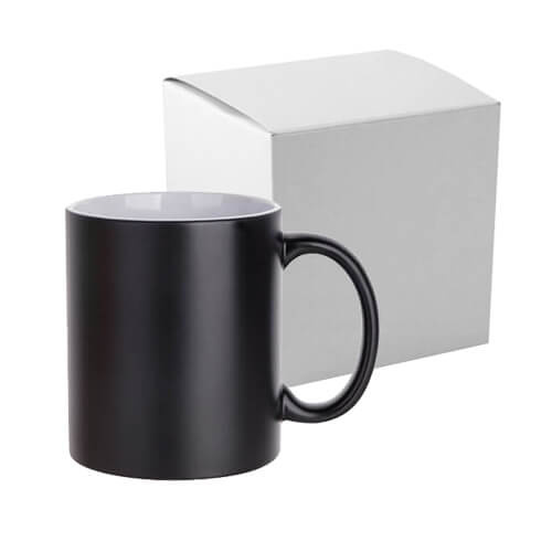 Tazza Full Color - nero opaco con interno bianco per trasferimento termico, con una scatola di cartone