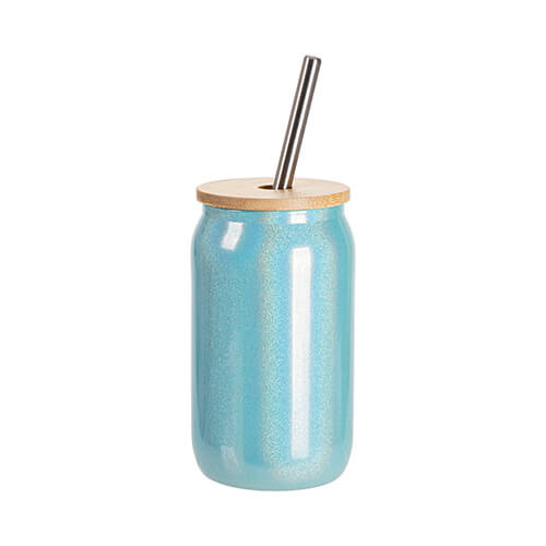 Un bicchiere da 400 ml con cannuccia e coperchio in bambù per sublimazione - glitter blu