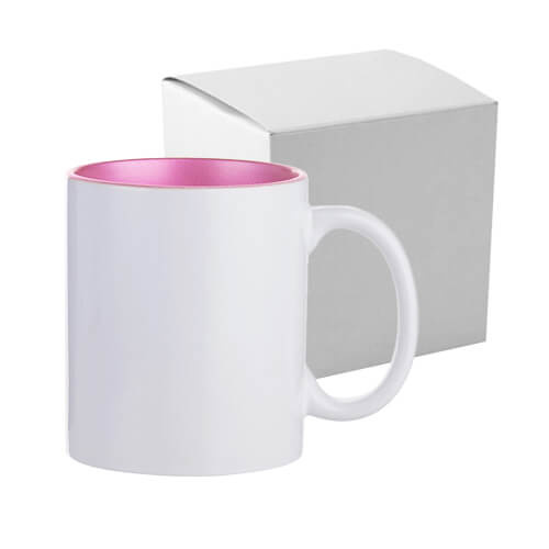 Tazza da 330 ml con interno rosa metallizzato per sublimazione con una scatola di cartone