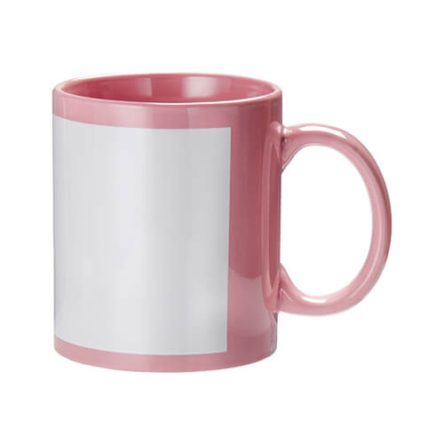 Tazza Rosa 330 ml con cornice bianca per sublimazione, con una scatola di cartone