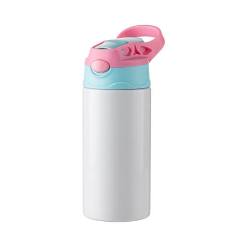 Una bottiglia d'acqua per bambini da 360 ml in acciaio inossidabile per sublimazione - bianco con tappo a vite blu-rosa