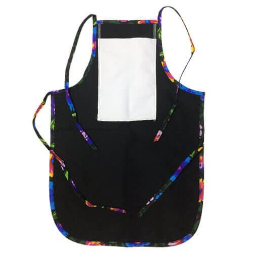Grembiule per bambini arrotondato con tasca per stampa – di colore nero con bordino colorato - fiori slavi neri