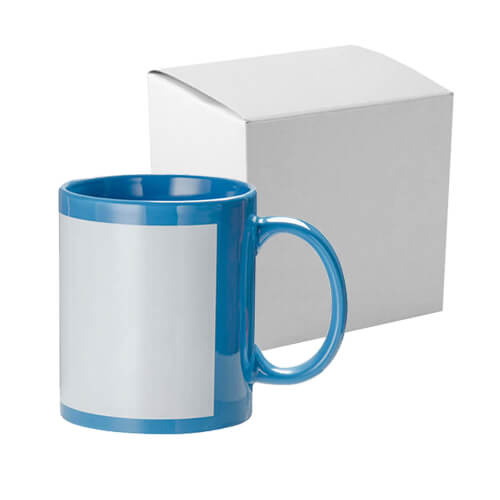 Tazza Blu 330 ml con cornice bianca per sublimazione, con una scatola di cartone