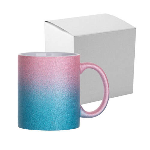 Tazza 330 ml con glitter per sublimazione - sfumatura rosa-blu, con una scatola di cartone